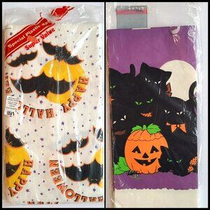 Vintage 90s Halloween Paper Tablecloth Party Table Cover Lot Of 2 Bats Cats NOS